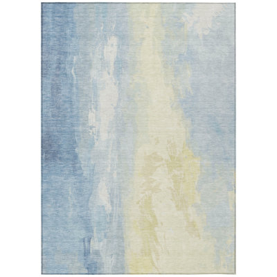 Machine Washable Indoor/Outdoor Xhevrie Denim Rug