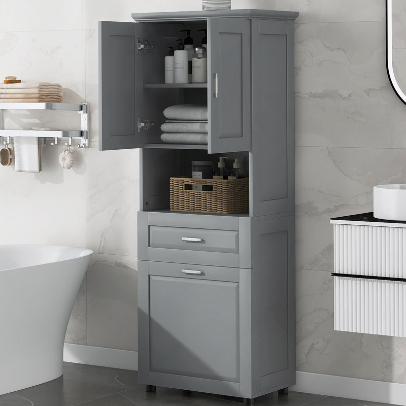 Grande armoire de salle de bain avec panier à linge, grand espace de rangement, Gris