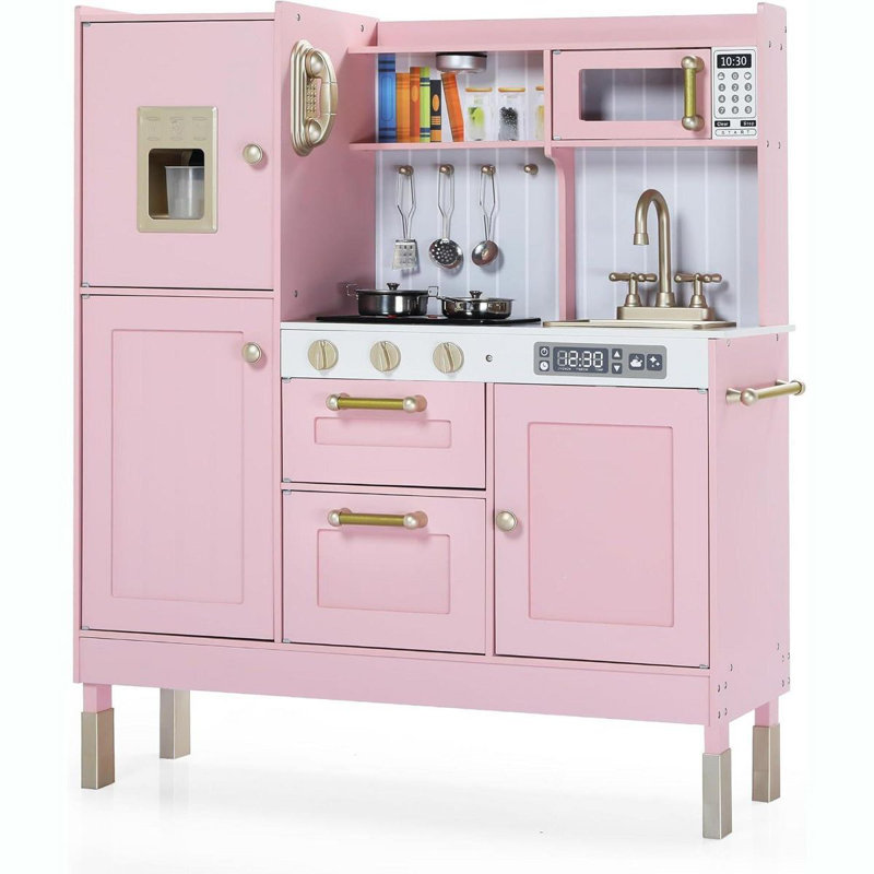 Pretend Play Kitchen Wooden Toy Set for Kids w/Lights & Sounds, Utensils, Oven, Microwave, Gift for Boys Girls Age 3+, Pink