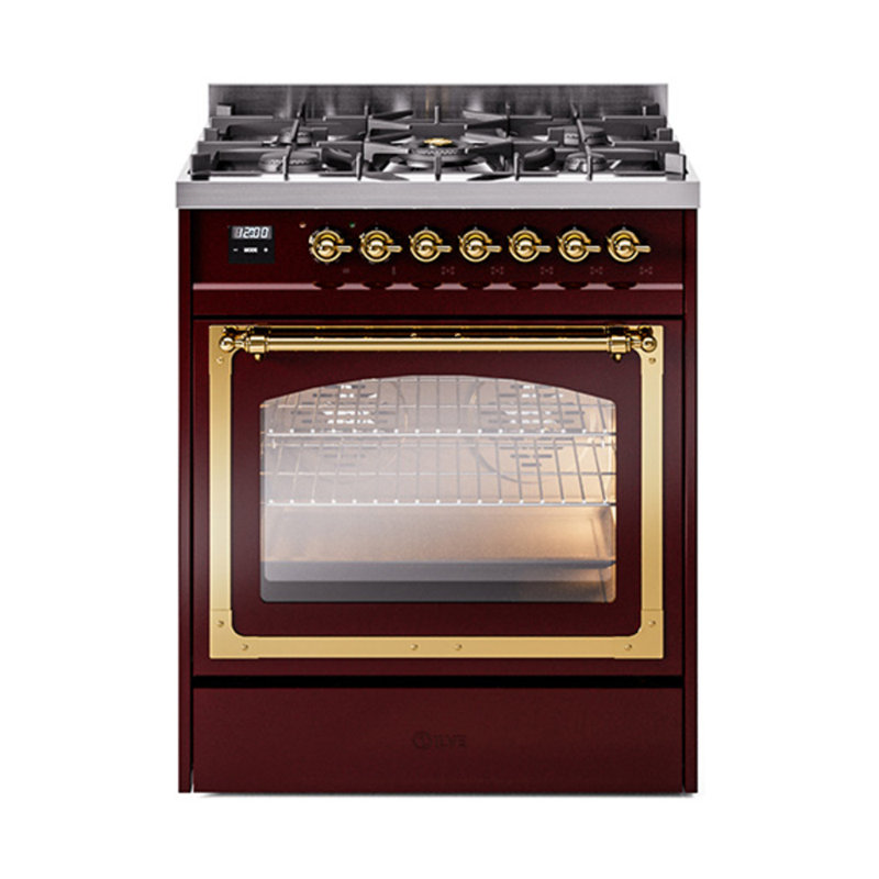 ILVE Nostalgie II Noblesse 30 in Dual Fuel Range, Liquid Propane, Burgundy/Brass