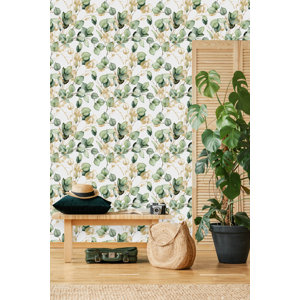 Red Barrel Studio® Green And Gold Leaves Wallpaper Floral Panel | Wayfair