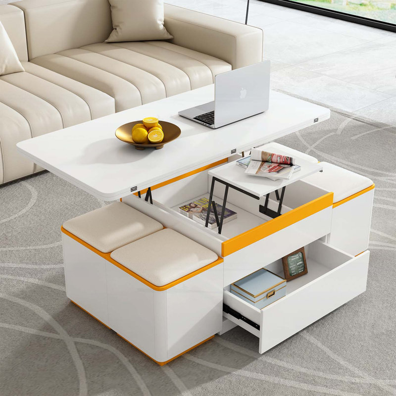 Ensemble de tables basses pliantes multifonctionnelles avec tabourets de rangement, White