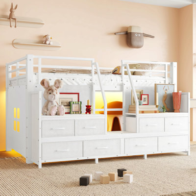 Twin Low Loft Bed With Multi-Storage Spaces, Non-Woven Fabric Drawers, Shelves, Metal Loft Bed With Lights And Independent Spaces Under Bed