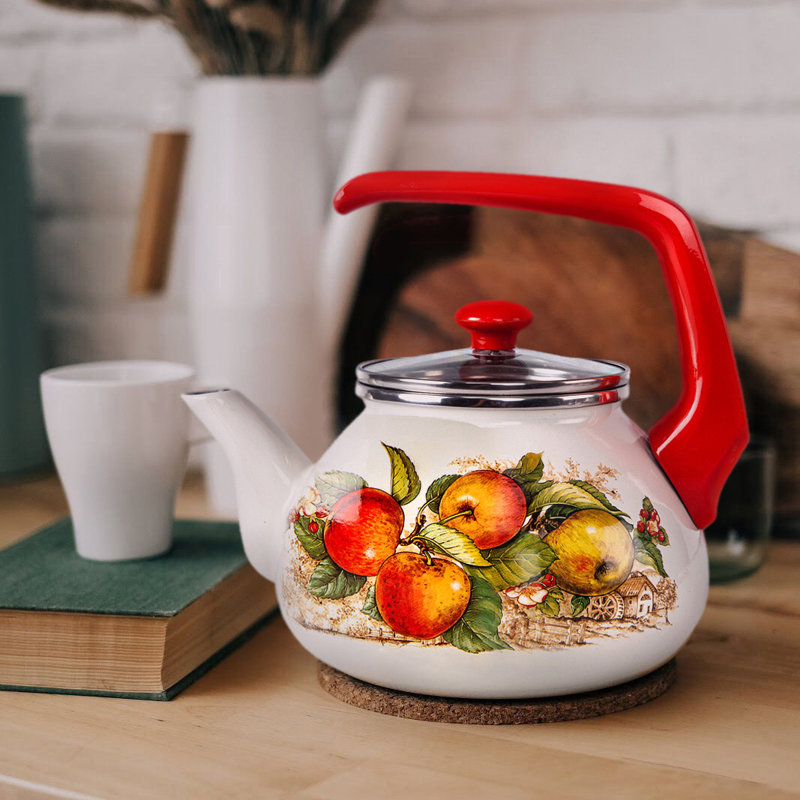 Enameled Kettle 2.3-Qt. Apples Country Style Traditional Enamel