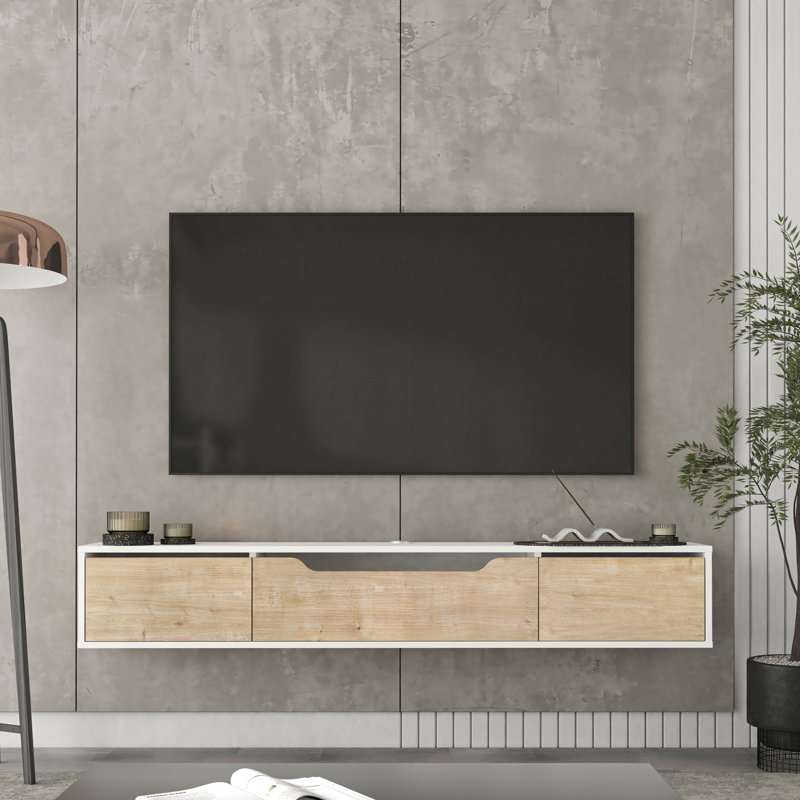 Meuble télé flottant Luna pour console média murale jusqu'à 80 po, Blanc / bois naturel