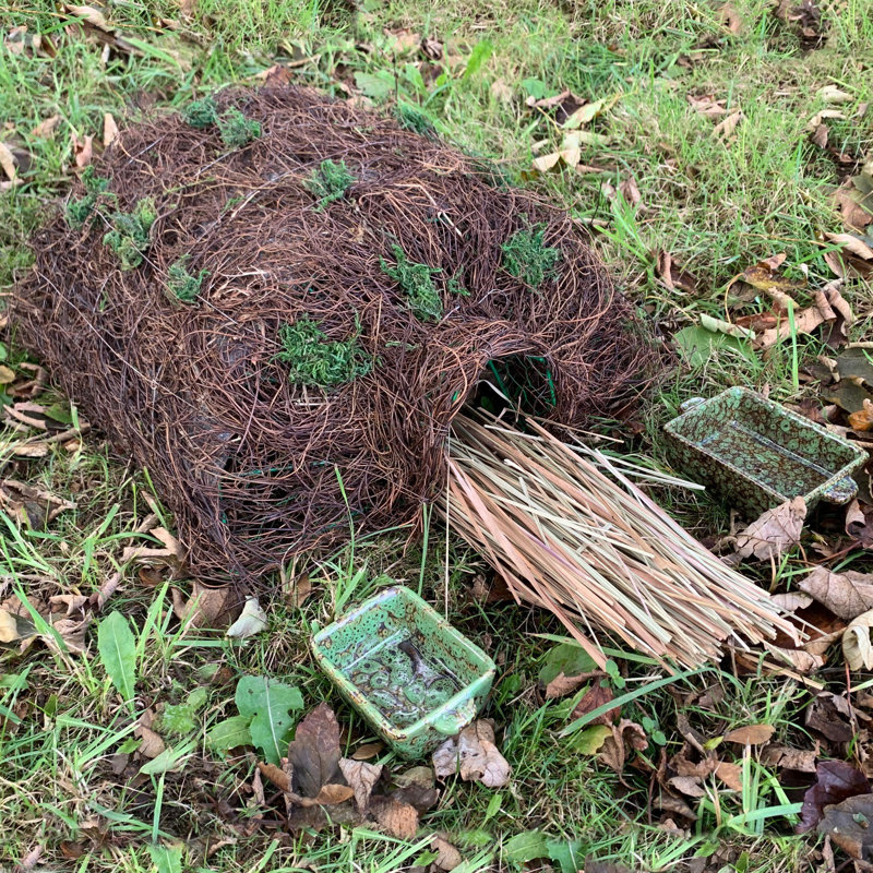 3 Piece Ceramic Food, Water Dish, Nesting Straw Freestanding Hedgehog House Set