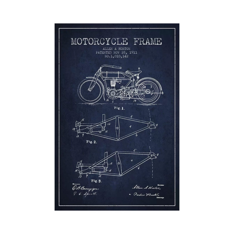 Allen A. Horton Motorcycle Frame Patent Sketch (Navy Blue) 1 Piece Wrapped Canvas Wall Art