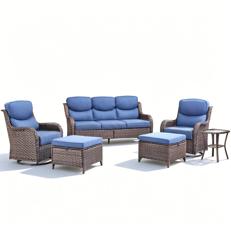 Outdoor Swivel Rocking Chair Patio Set (6-Piece), High-Back 5" Thick Cushion Swivel Rocking Chair Patio Set, All-Weather Wicker Patio Furniture Set, Suitable For Balcony Patios