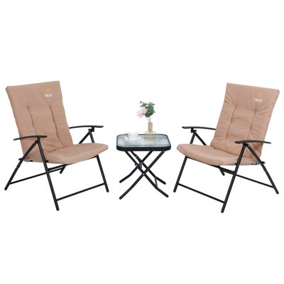 Ensemble de salle à manger de patio 3 pièces, ensemble de table d'extérieur pour 2 personnes, mobilier de jardin bistro, 1 table pliante en verre et 2 chaises inclinables pliantes avec coussin (beige)