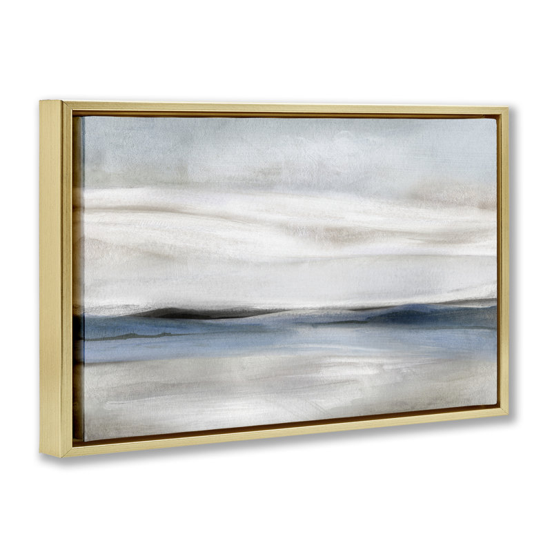 Abstraction de paysage neutre strié, Cadre flottant métallique doré, H 17 po x l 25 po