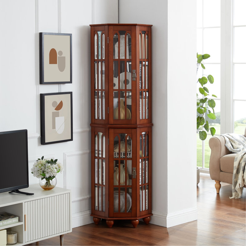 Vitrine de coin avec éclairage et 4 tablettes réglables, pieds en bois massif, étagère en verre noyer