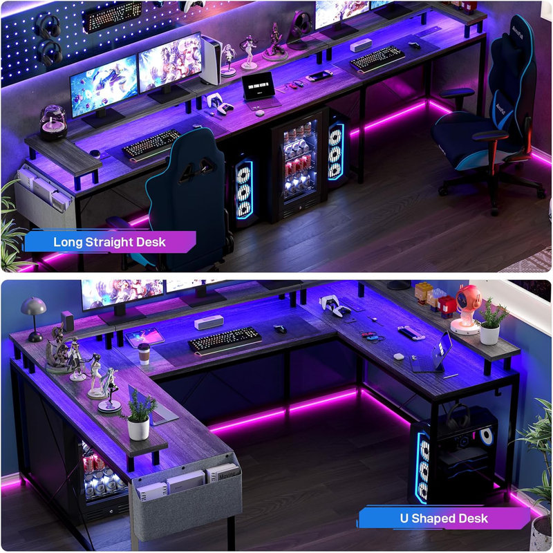78.8" U Shaped Computer Desk With Power Outlets, USB Ports, LED Strip And Monitor Stand, Reversible L Shaped Desk With Storage Shelves