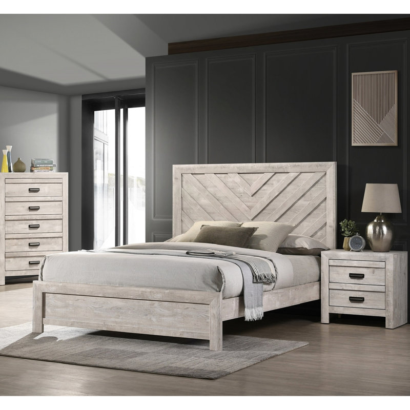 Grand lit beige gris avec finition rustique, tête de lit géométrique, chambre à coucher durable en bois massif, motif de tête de lit,