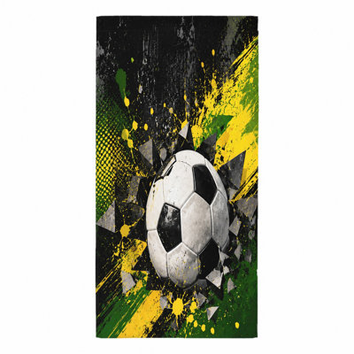 1Pcs Soccer Ball Beach Towel, featuring a dynamic explosion design with black, yellow, and green paint splatters abstract geometric shapes. Large microfiber, perfect for, swimming, travel, unisex.
