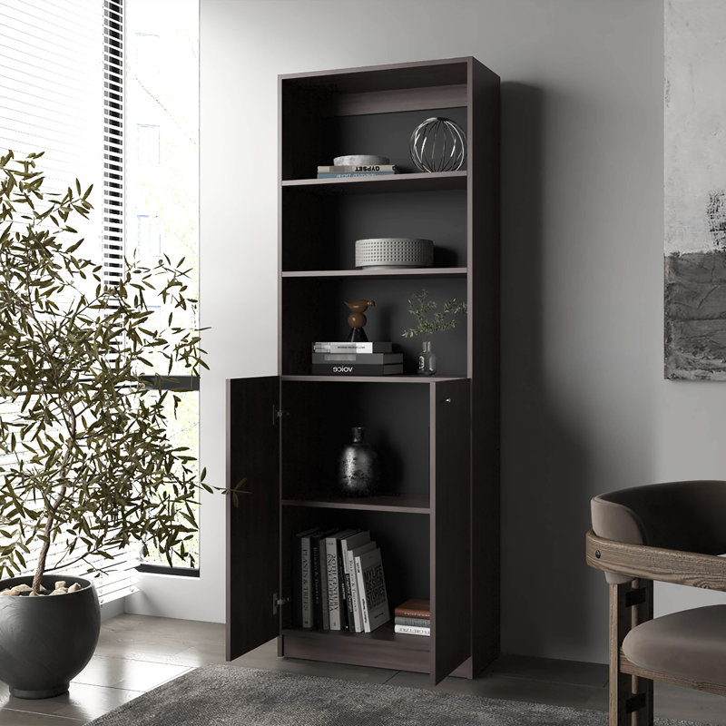 Particle - Board Bookcase With Stained Walnut And 2 Doors For Home Storage Needs Daily