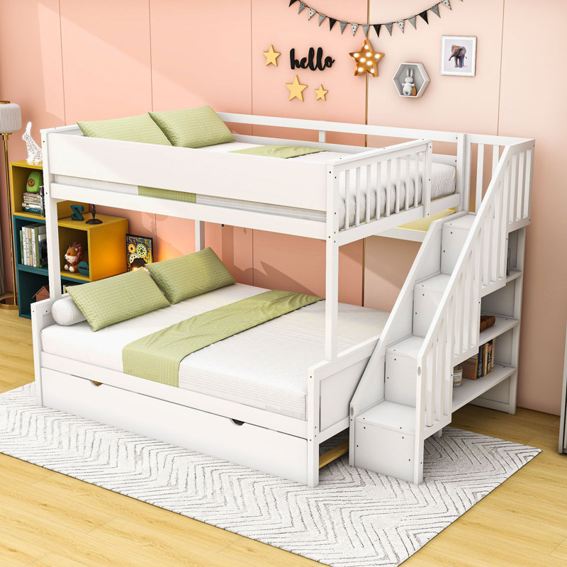 Lit double superposé au-dessus de grand lit double avec lit gigogne simple, escalier de rangement et éclairage DEL, Blanc