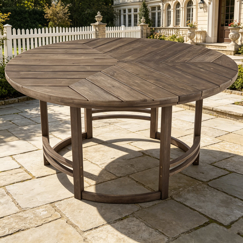 Table de salle à manger ronde en bois d'acacia massif brun rustique avec trou pour parasol, Brun
