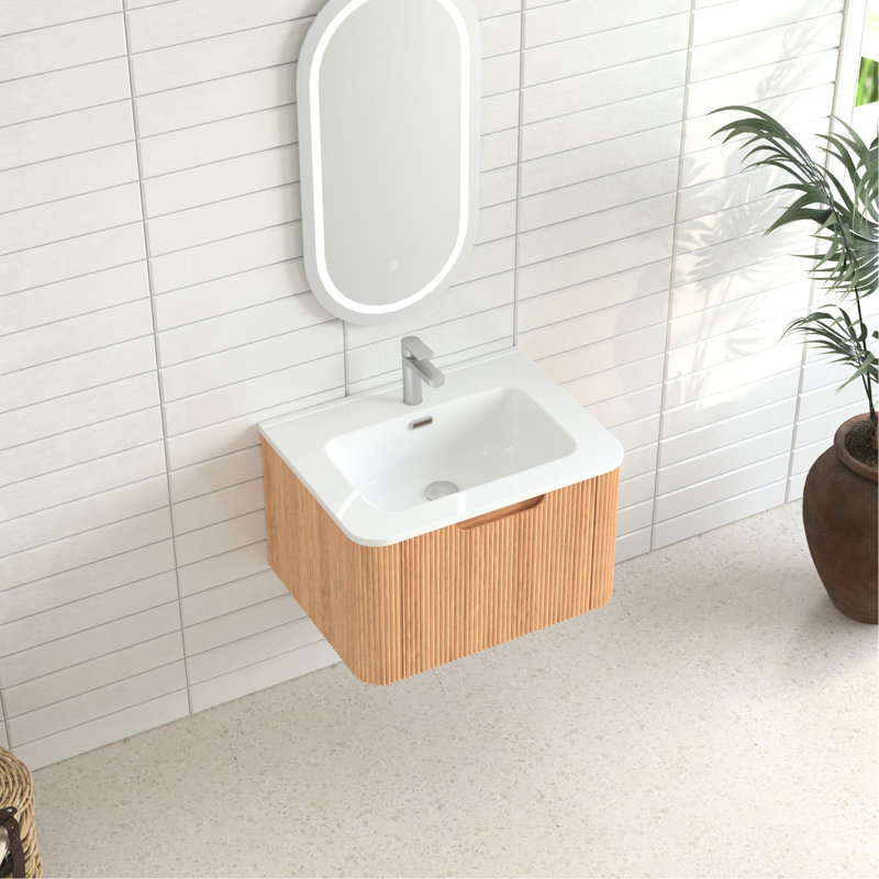 Meuble-lavabo flottant mural 24 po, lavabo en céramique blanche, finition noyer naturel, pré-assemblé, tiroir à fermeture en douceur, rangement moderne