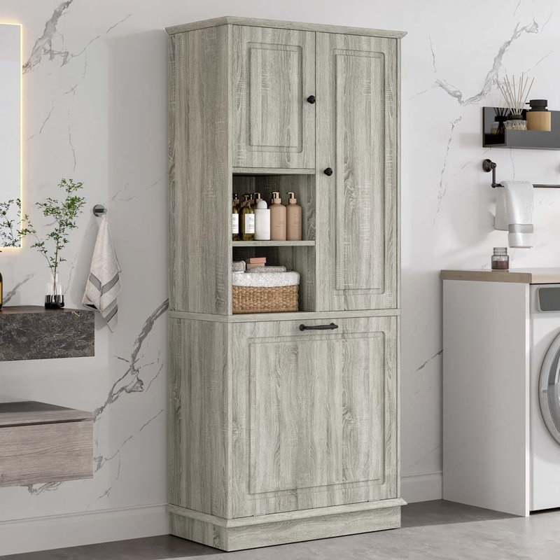 Armoire de salle de bain avec tablettes réglables, grand panier rabattable et armoire fermée, Chêne