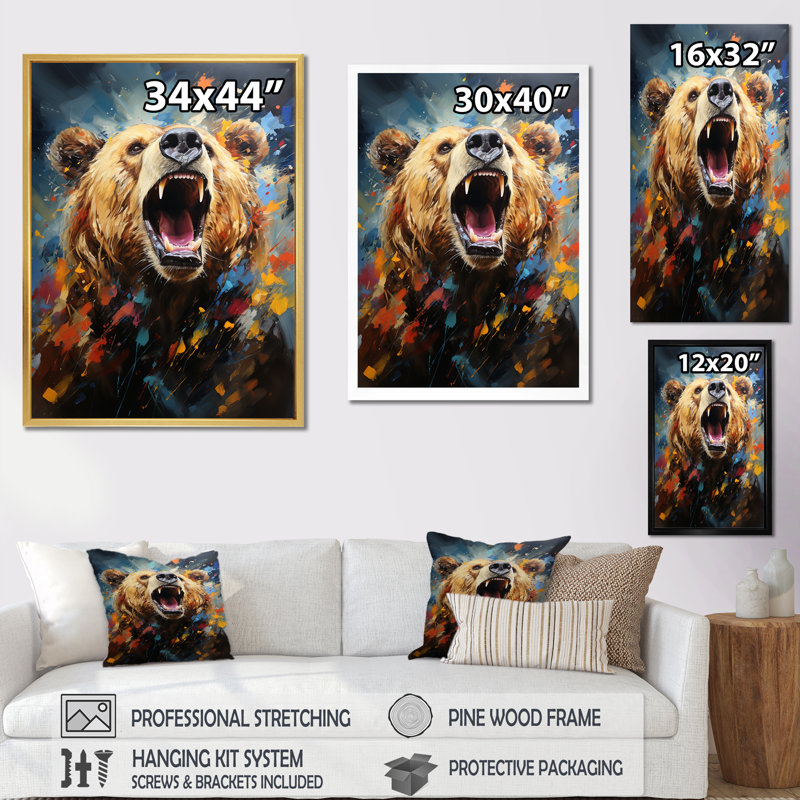 «Expressionist Grizzly Bear», impression sur toile, H 20 po x l 12 po x P 1 po, Encadrement doré