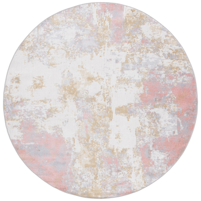 Braidy Abstract Handmade Flatweave Polyester Area Rug in Ivory/Gray/Pink, Round 6'7"