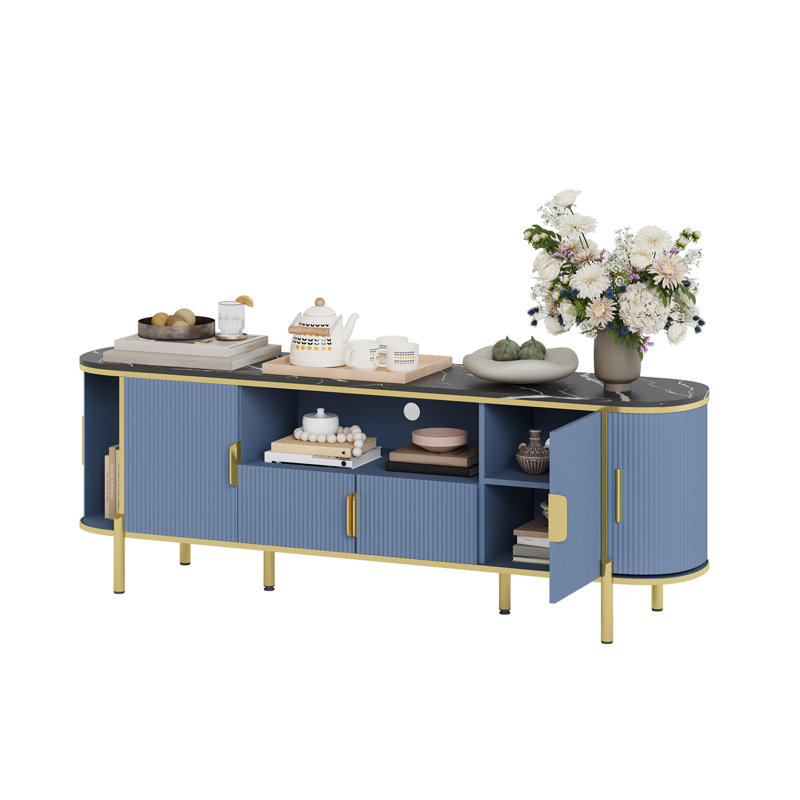 Meuble télé 70 po avec portes coulissantes et armoires Mid Century Modern, Bleu