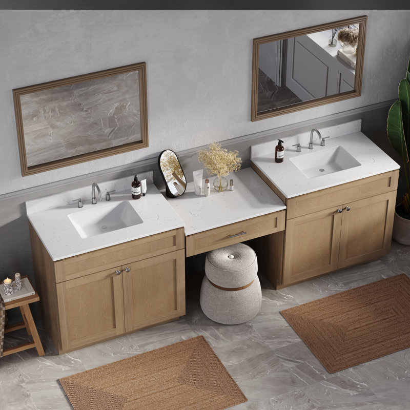103'' Double Bathroom Vanity with Quartz Top, Natural Oak