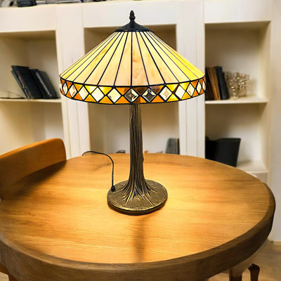 Art Deco Table Lamp, 40.5 cm Diameter Tiffany Style Beige Glass Shade, Tree Base