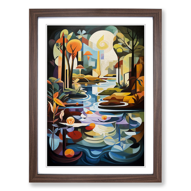 XYZ-FRM-V1223-5221 Pond Cubism - Single Picture Frame Print on Wood, Walnut, 64cm H x 46cm W x 2cm D