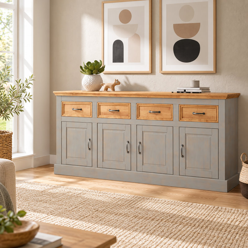 Suzie 192 cm W Pine Solid Wood Sideboard, Grey/Stain
