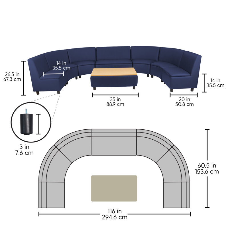Ensemble 5 pièces de sièges collectifs courbés modulaires pour enfants avec table basse Kid Comfort, Brun clair / bleu foncé