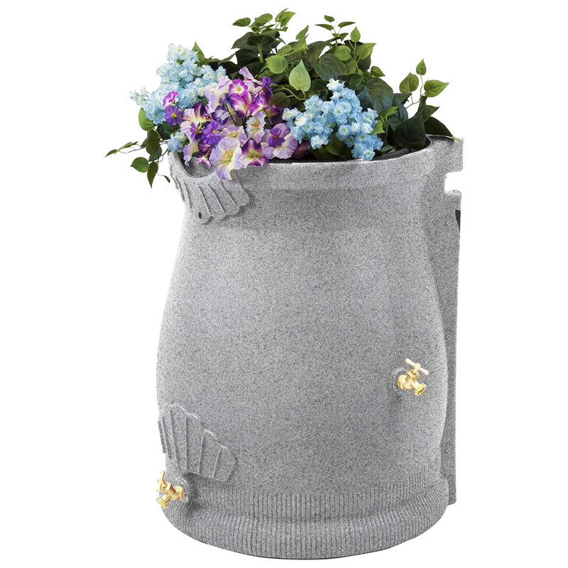 Good Ideas 50 Gallons Weather Resistant Resin Drainable Planter Rain Barrel, Light Granite