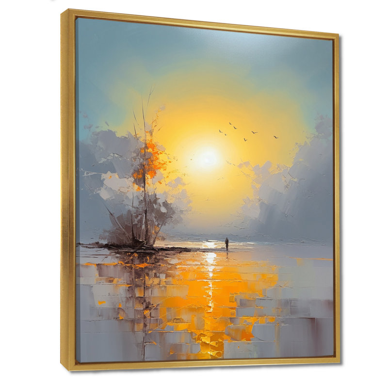 Arbre unique dans un lac sous un soleil jaune pâle - plage et océan, art mural, H 44 po x l 34 po x P 1,5 po