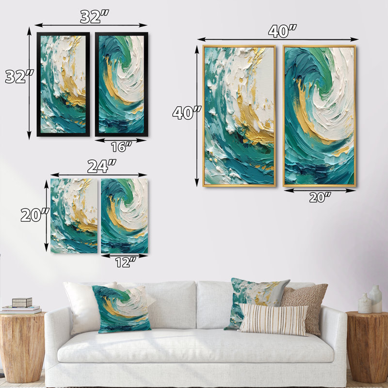 «Teal surreal spirals» - 2 pièces, Encadrement doré, H 32 po x l 32 po