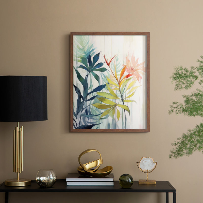"Élégance florale rose et jaune I", H 21 po x l 17 po, Noyer