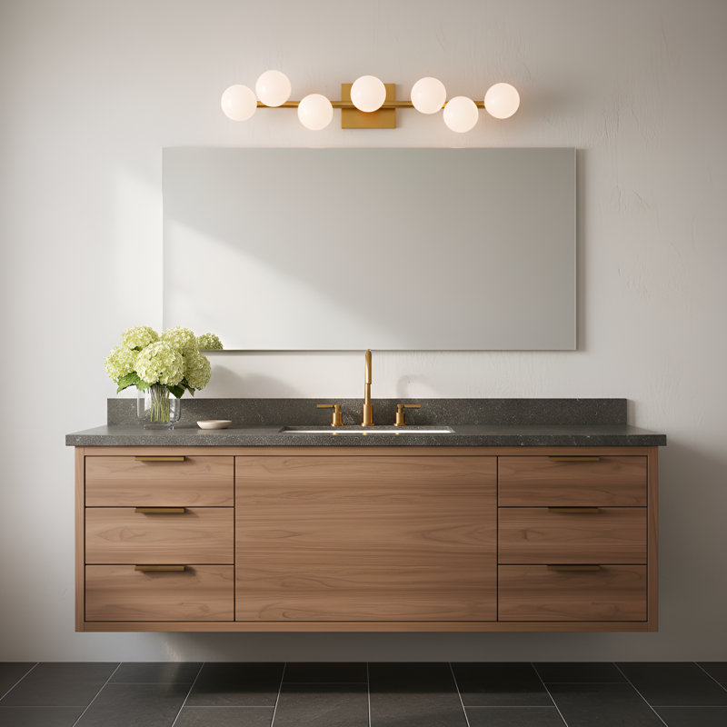 Sean Lavin Altair Bathroom Bedroom Wall Fixture With Milk Shade, Burnished Brass, 6.5" H x 32" W x 5.25" D, 7 Lights