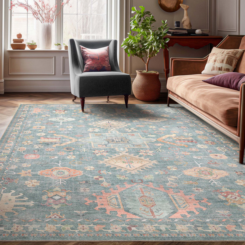 Tapis bleu médaillon Bungalow Rose Aylena, Rectangle 7 pi 7 po x 9 pi 10 po