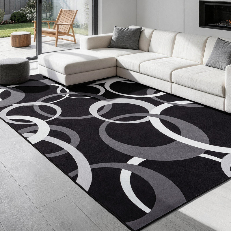 Tapis moderne abstrait à motifs circulaires, lavable à la machine et doté d'un envers antidérapant, Rectanlge 9'x12'