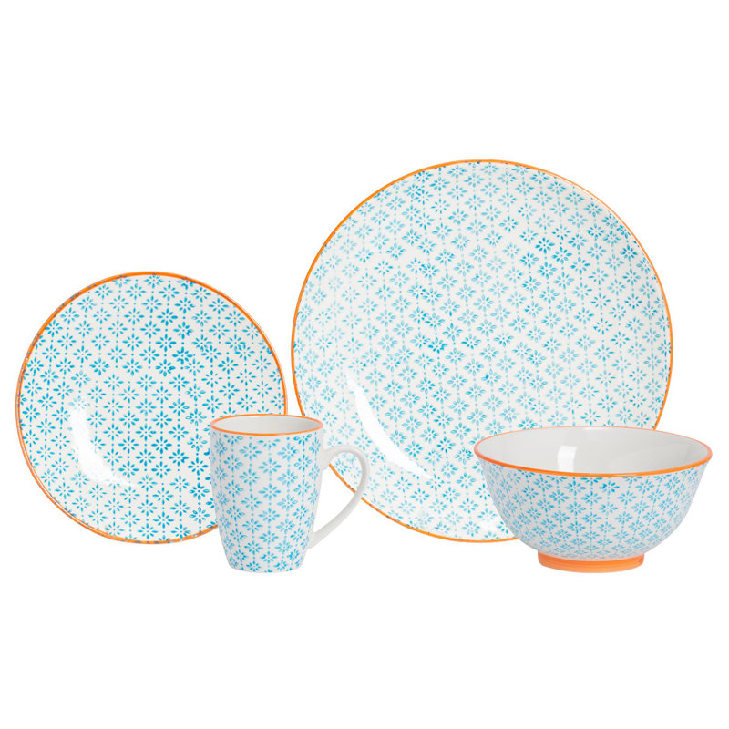 Nicola Spring - 24 Piece Hand-Printed Dinner Set - Blue