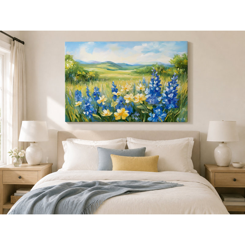 «Blue and Yellow Wildflowers in Sunny Meadow», art mural sur toile tendue, H 36 po x l 48 po