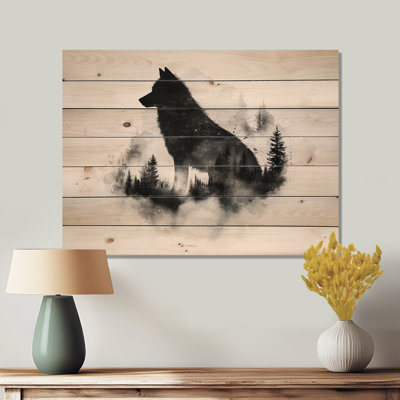 Silhouette de loup noir et blanc en forêt - décoration murale moderne en bois sur bois de pin naturel