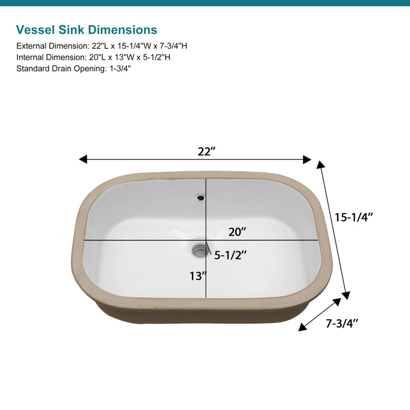 22"L x 15"W Undermount Ceramic Bathroom Sink Porcelain Rectangular Basin Sink with Overflow