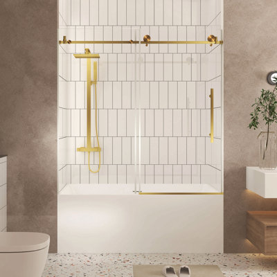 Frameless Shower Door 56-60 "W X 60" H, 1/4 "(6 Mm) Clear Tempered Glass, Explosion Proof Film, Stainless Steel Handle