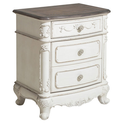 3 - Drawer Antique White And Oak Finish Victorian Nightstand With Carving Floral Hardware, Ideal For Bedroom, No Assembly Required, 17" X 24" Dimensions Classic Traditional In Finish, Grey Tone ,