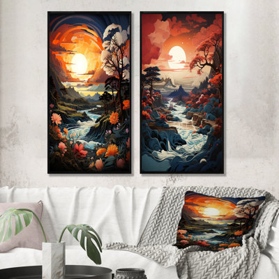 Kawaii coucher de soleil paysage au Japon - coucher de soleil art mural ensemble de salon 2