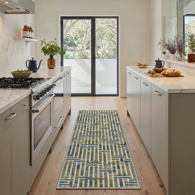 Tapis de couloir antidérapant moderne à motif géométrique linéaire bleu vert beige, Tapis de couloir 2 pi 5 po x 8 pi
