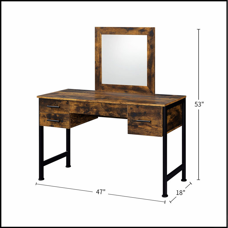 Ensemble de coiffeuse en chêne rustique avec 4 tiroirs de rangement et miroir attaché, alliant style et fonctionnalité pour les chambres modernes