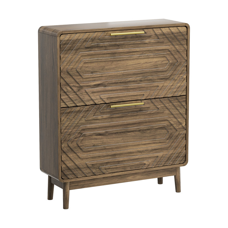 Armoire à chaussures autoportante en noyer de style moderne Mid-Century de 31,5 po pour le vestibule, 2 tiroirs à couvercle rabattable, rangement spacieux et vestibule en bois avec mélange, cloison amovible à deux couches, support ouvert