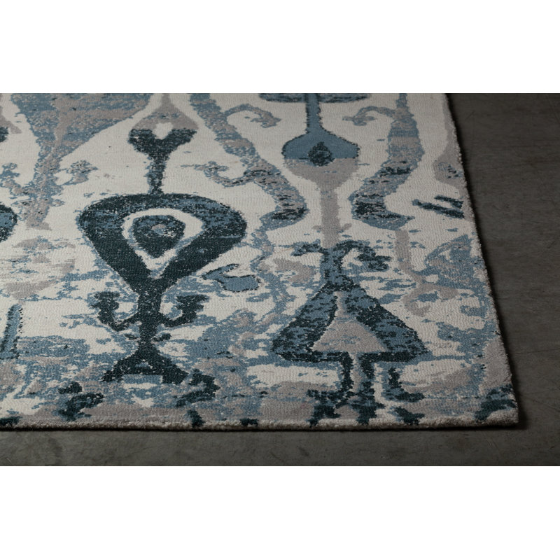 Tapis bleu / ivoire en laine touffetée à la main Pericles Ikat, Rectangle 5 pi x 7 pi 6 po