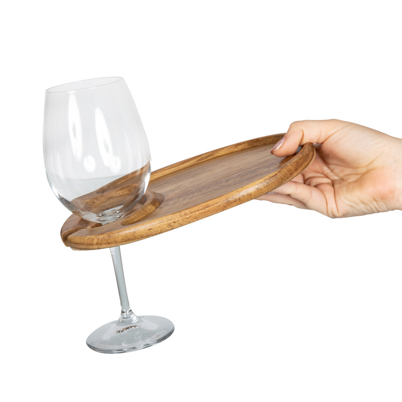 Acacia Wood Wine Appetizer Plates with Glass Holder, Set of 4
